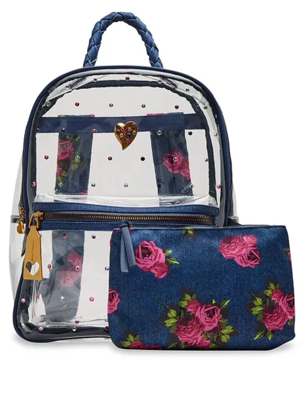 🌹💕NWT Betsey Johnson Vinyl Jean Denim Rose Jeweled Rhinestone Heart Backpack Set